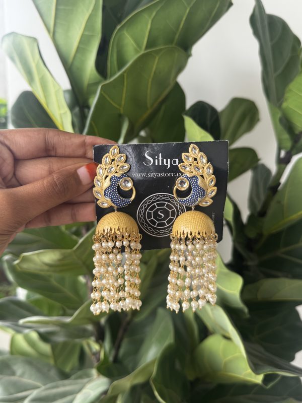 Peacock Blue Pearls Jhumkas